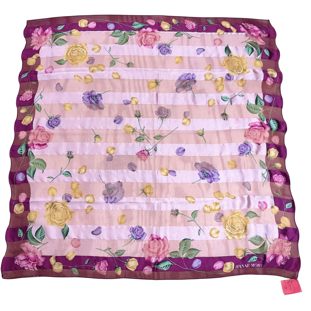 Vintage Hanae Mori Women Pink Purple Floral Rose Sheer Scarf 35"